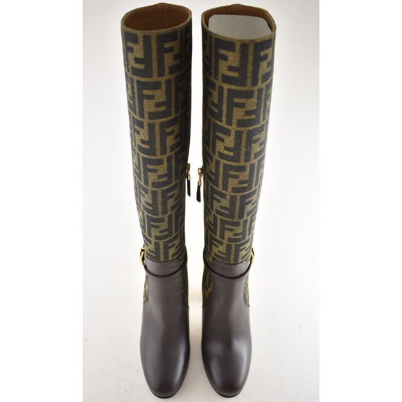 Fendi 105mm Traced Brown Leather Monogram FF Logo Motif Knee High Heel Boot 37 - Picture 9 of 16